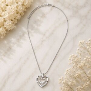 Double Heart Necklace Made with Swarovski Crystal Silver Tone Pendant 18in Chain